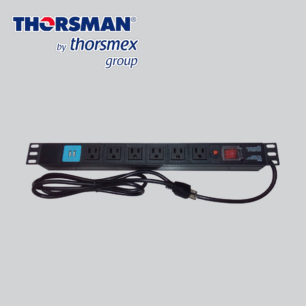 BARRA PDU 6 CONTACTOS MAS DOS USB THORSMAN THE0040091001001 P-RACK 19” HORIZONTAL, COLOR NEGRO, BOTON DE ENCENDIDO CON S