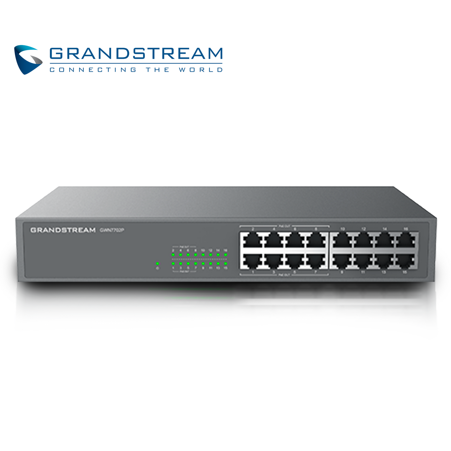 SWITCH NO ADMINISTRABLE POE+ GRANDSTREAM GWN7702P / 16 PUERTOS 10/100/1,000MBPS / 8 PUERTOS POE+ AF/AT / MONTAJE ESCRITO