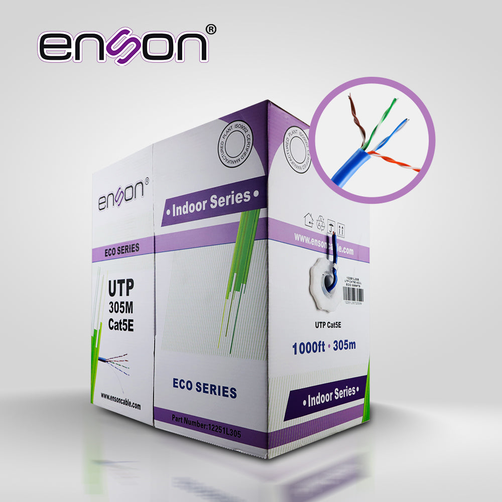 CABLE UTP CAT5E ENSON 12251L305 SERIE ECO CALIBE 24 AWG CCA BOBINA DE 305 METROS FORRO PVC COLOR AZUL USO INTERIOR RECOM