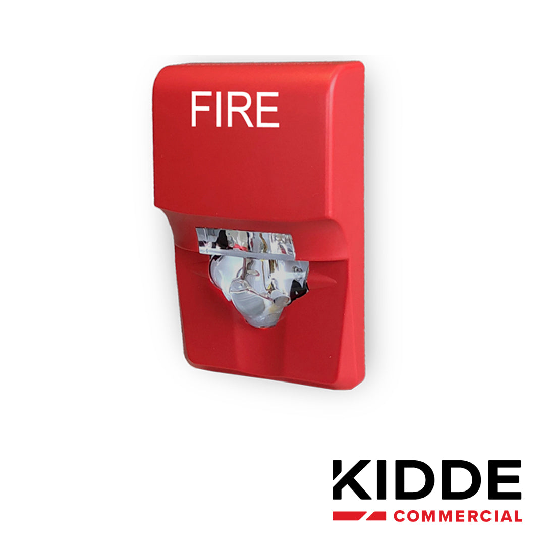 ESTROBO DE PARED COMPACTA, MARCA KIDDE, MODELO EG1VRF, 15-75 CD, ROJA CON LA PALABRA FIRE