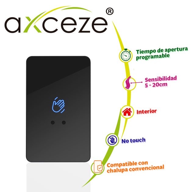 BOTON DE SALIDA SIN CONTACTO AX-B100 AXCEZE FORMATO VERTICAL CUBIERTA PLASTICA COLOR NEGRO LED INDICADOR DE ESTADO DISTA