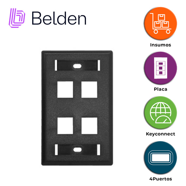 PLACA DE PARED (FACEPLATE) BELDEN AX104163 / KEYCONNECT / INTERIOR / NEGRO / 4 PUERTOS / PIEZA