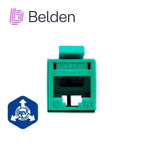 CONECTOR MODULAR JACK RJ45 CAT6A REVCONNECT BELDEN RVAMJKUGN-S1 ESTILO KEYCONNECT VERDE COMPATIBLE CON FACEPLATE AX10266