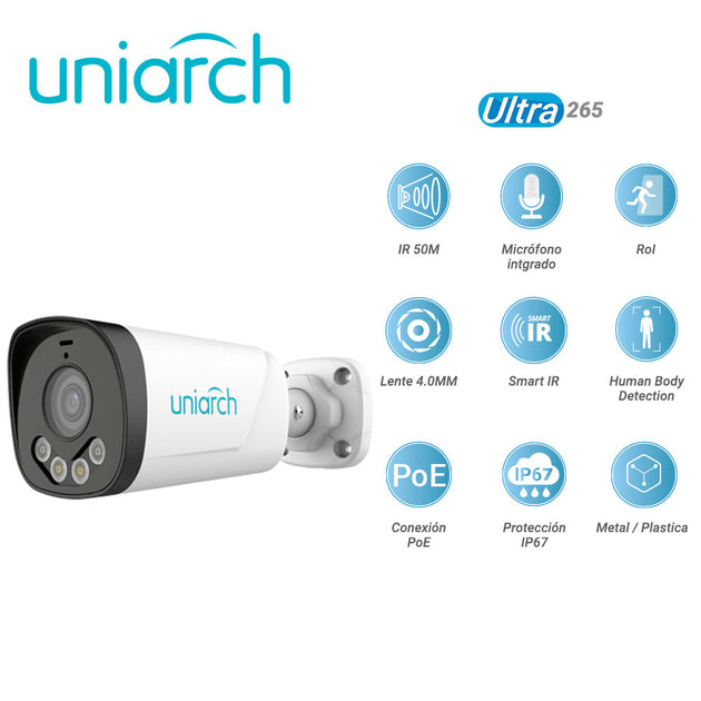 CAMARA IP BULLET UNIARCH IPC-B233-APF40W / 3MP / ULTRA 265 / MICROFONO-INTEGRADO / ROI / LENTE4.OMM / SMART-DUAL-LIGHT /