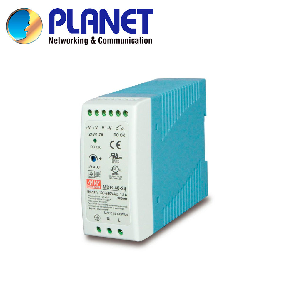 FUENTE DE PODER INDUSTRIAL PLANET PWR-40-24 / ENTRADA 85-264VCA/120-370VCD / SALIDA 24VCD 40W 1.7A / INSTALACION DIN-RAI