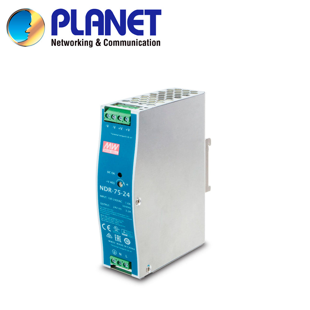 FUENTE DE PODER INDUSTRIAL PLANET PWR-75-24 / ENTRADA 90-264VCA/127-370VCD / SALIDA 24VCD 75W 3.2A / INSTALACION DIN-RAI