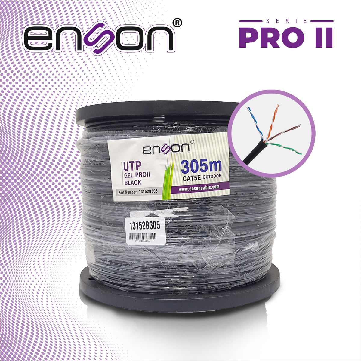 CABLE UTP CAT5E ENSON 13152B305 SERIE PRO-II C/GEL CALIBE 24 AWG 100% COBRE BOBINA DE 305 METROS FORRO PE COLOR NEGRO US