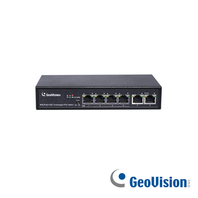 SWITCH GEOVISION GV-APOE0400 POE NO ADMINISTRADO 10/100 MBPS 4 PUERTOS POE IEEE 802.3AT, 32W POR PUERTO 2 PUERTOS FAST E