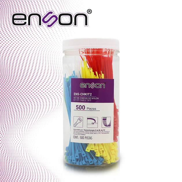 KIT DE CINCHOS DE NYLON ENS-CHKIT2 DE 500 PIEZAS EN 5 COLORES DE 100MM, USO SUGERIDO DE PINAZA TENSORA ENS-TGUN