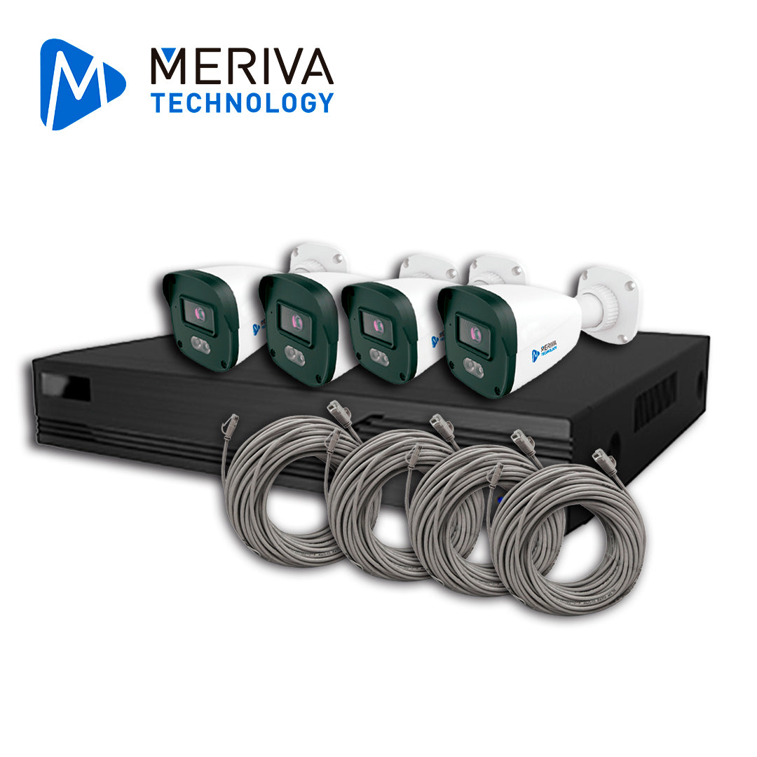KIT DE VIDEOVIGILANCIA IP MERIVA TECHNOLOGY MKIP2MP-4B-4P 4 CÁMARAS BULLET IP MOB-203D DE 2MP LUZ DUAL CON MICROFONO INT