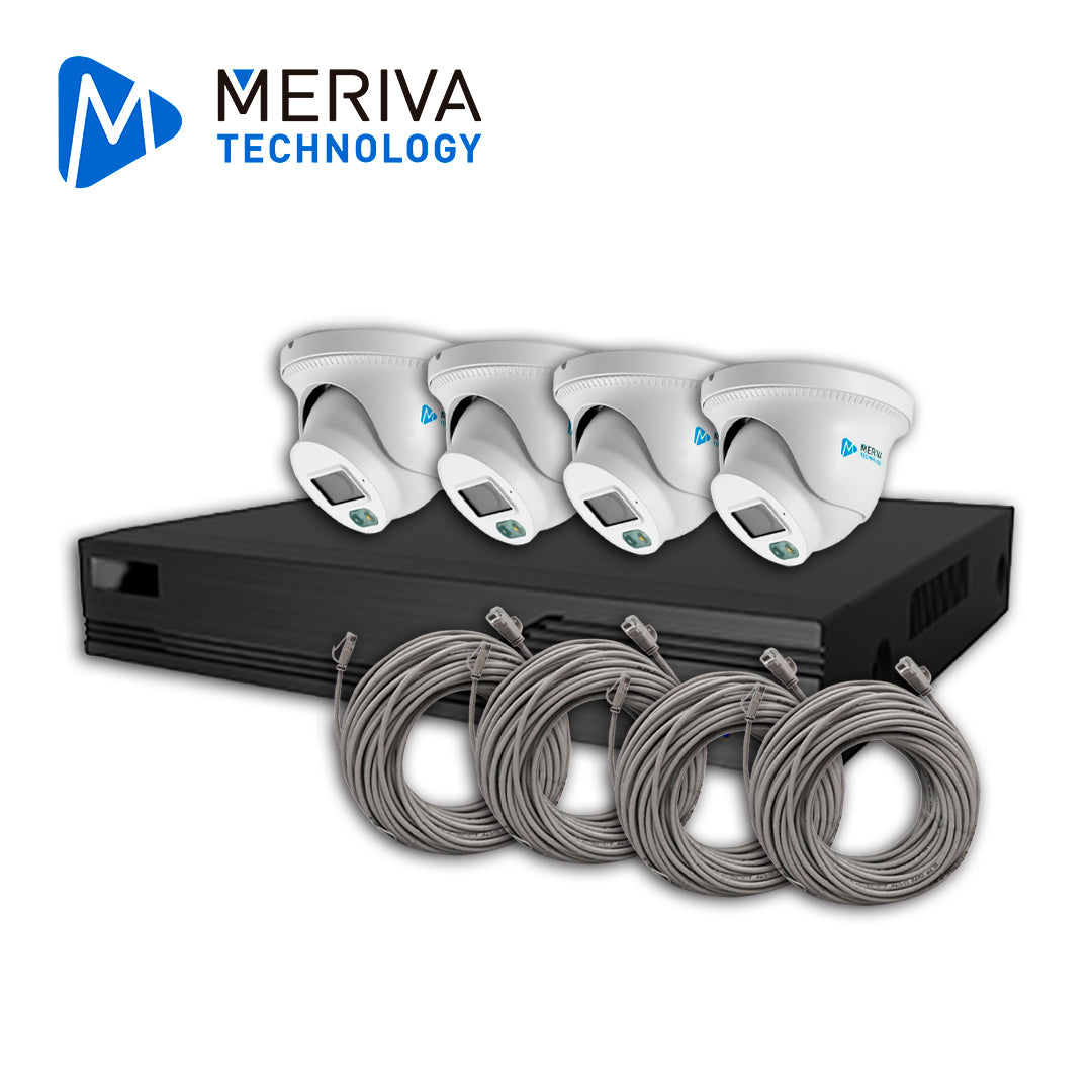 KIT DE VIDEOVIGILANCIA IP MERIVA TECHNOLOGY MKIP2MP-4T-4P 4 CÁMARAS TURRET IP MTD-203D DE 2MP LUZ DUAL CON MICROFONO INT
