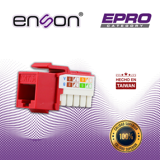 CONECTOR MODULAR JACK RJ45 ENSON EPRO-JACK5E-RD SERIE PRO, POSICION VERTICAL CAT5E COLOR ROJO COMPATIBLE CON PLACAS ENSO