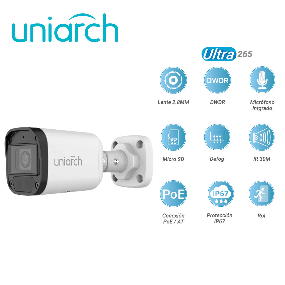 CAMARA IP BULLET IPC-B124-APF28K UNIARCH / 4MP / ULTRA 265 / LENTE 2.8 MM / DWDR / MICROFONO INTEGRADO / RANURA PARA MIC