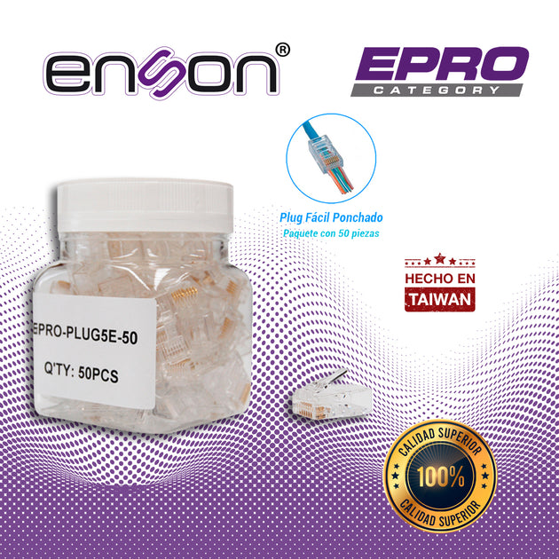 PLUG FACIL PONCHADO ENSON EPRO-PLUG5E-50 BOTE DE 50 PZS PARA CABLE UTP CAT5E CON SISTEMA DE PASO DE CABLES PASSTRU QUE F