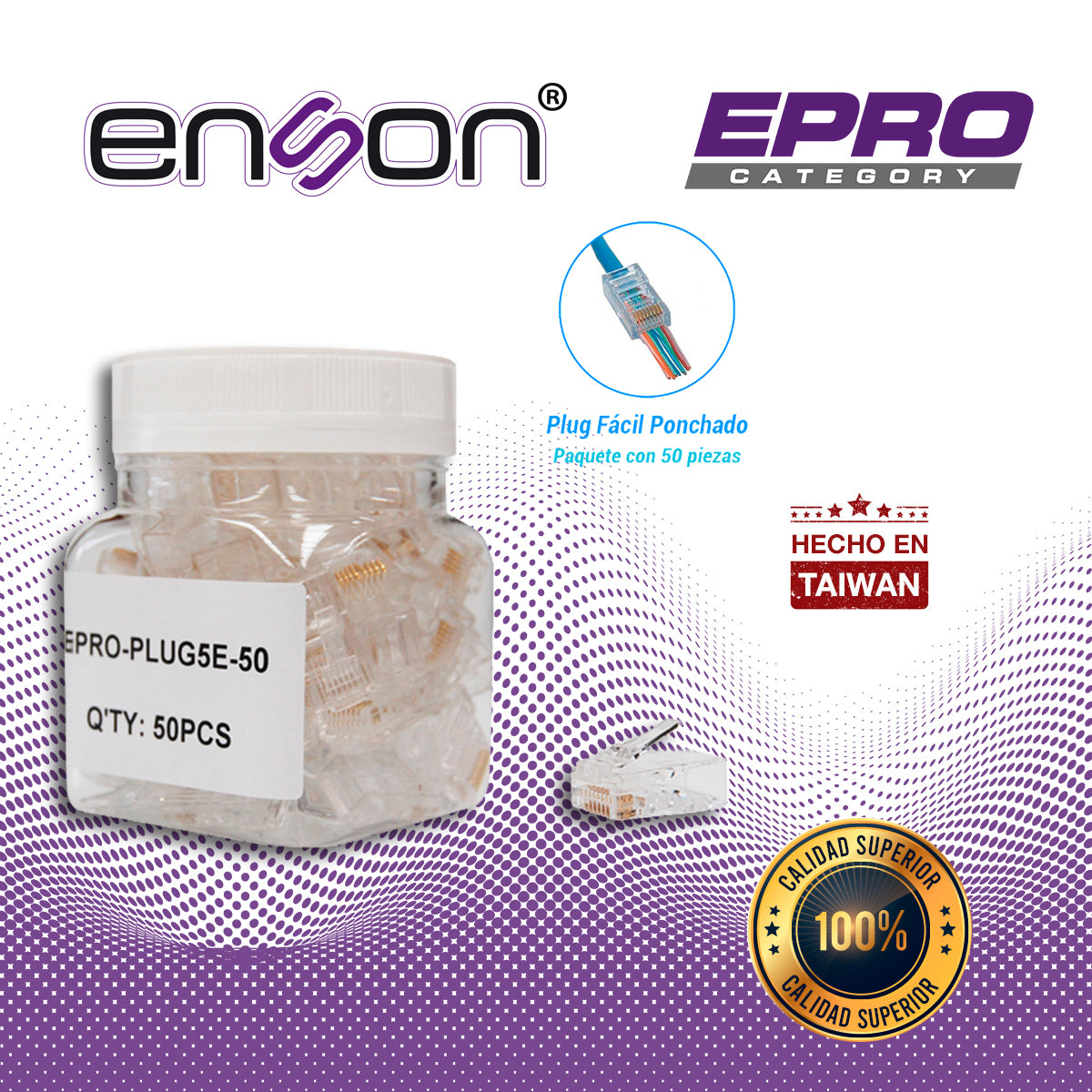 PLUG FACIL PONCHADO ENSON EPRO-PLUG5E-50 BOTE DE 50 PZS PARA CABLE UTP CAT5E CON SISTEMA DE PASO DE CABLES PASSTRU QUE F