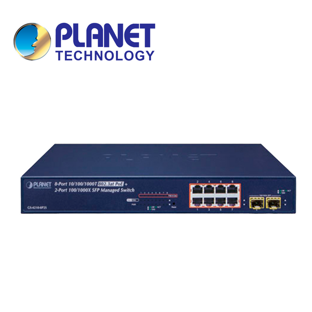 SWITCH ADMINISTRABLE L2/L4 GS-4210-8P2S PLANET / 8 PUERTOS RJ45 10/100/1,000 MBPS POE AF/AT / 2 PUERTOS SFP 100/1,000 MB