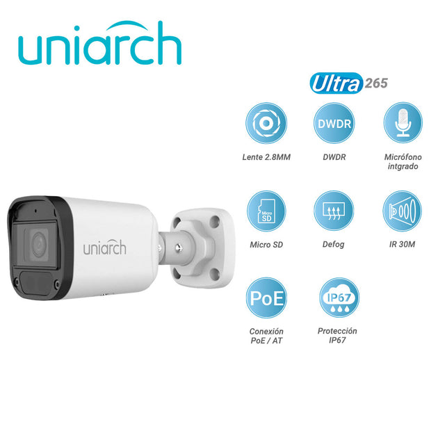 CAMARA IP BULLET UNIARCH IPC-B122-APF28K / 2MP / LENTE-2.8MM / DWDR / IR30M / MICROSD128GB / MICROFONO-INTEGRADO / DIGIT
