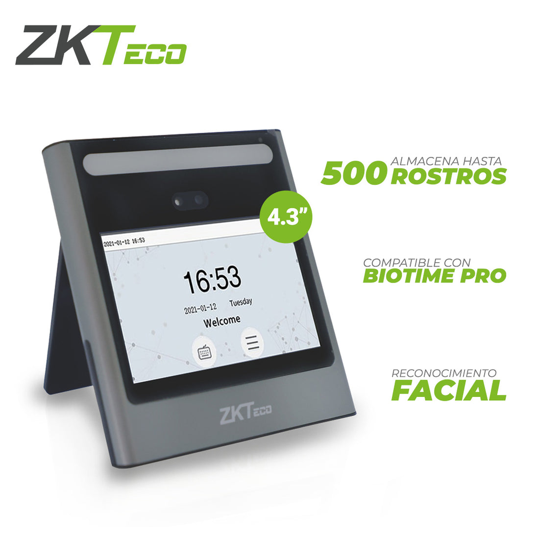TERMINAL DE ACCESO Y ASISTENCIA CON RECONOCIMIENTO FACIAL Y CONTRASEÑA EFACE10 ZKTECO PANTALLA DE 4.3 PULGADAS 500 ROSTR