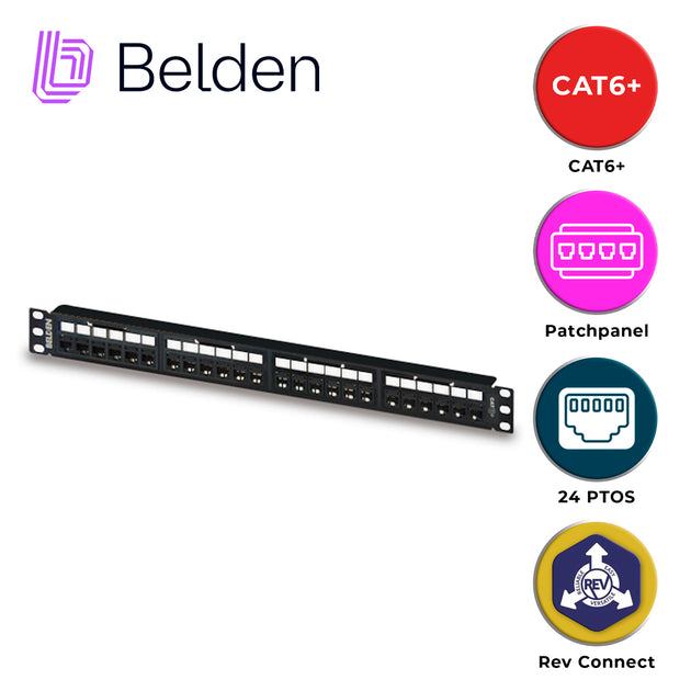 PATCH PANEL REVCONNECT CAT6+ BELDEN RV6PPF1U24BK / NEGRO / 24 PUERTOS / 1UR / PRECARGADO / PIEZA