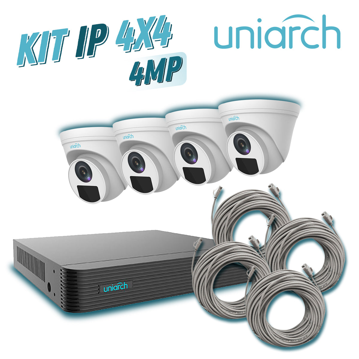 KIT 4X4 UNIARCH IP TURRET INTERIOR / EXTERIOR 4MP 1080P INCLUYE 1 NVR POE 4PTOS + 4 CAM TURRET IP 4MP 2.8MM SLOT MICROSD