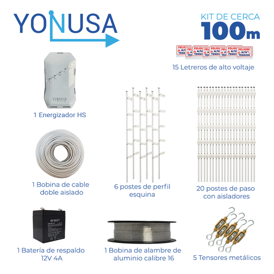 KIT DE CERCA ELECTRIFICADA CON ACCESORIOS PARA 100METROS INCLUYE: ENERGIZADOR, BATERIA BR-1204, CABLE, ALAMBRE, POSTES, 