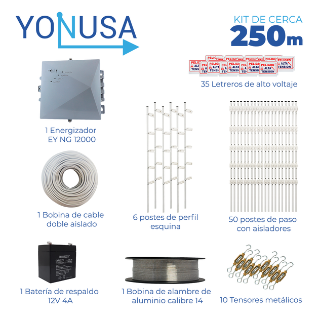 KIT DE CERCA ELECTRIFICADA CON ACCESORIOS PARA 250METROS INCLUYE: ENERGIZADOR, BATERIA ENS-BT412, CABLE, ALAMBRE, POSTES