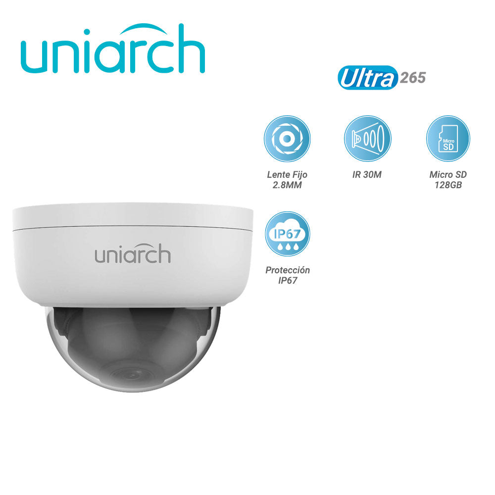 CAMARA IP DOMO UNIARCH IPC-D122-PF28K / 2MP / ULTRA265 / LENTE FIJO 2.8 MM / IR 30M / RANURA PARA MICRO SD HASTA 128 GB 