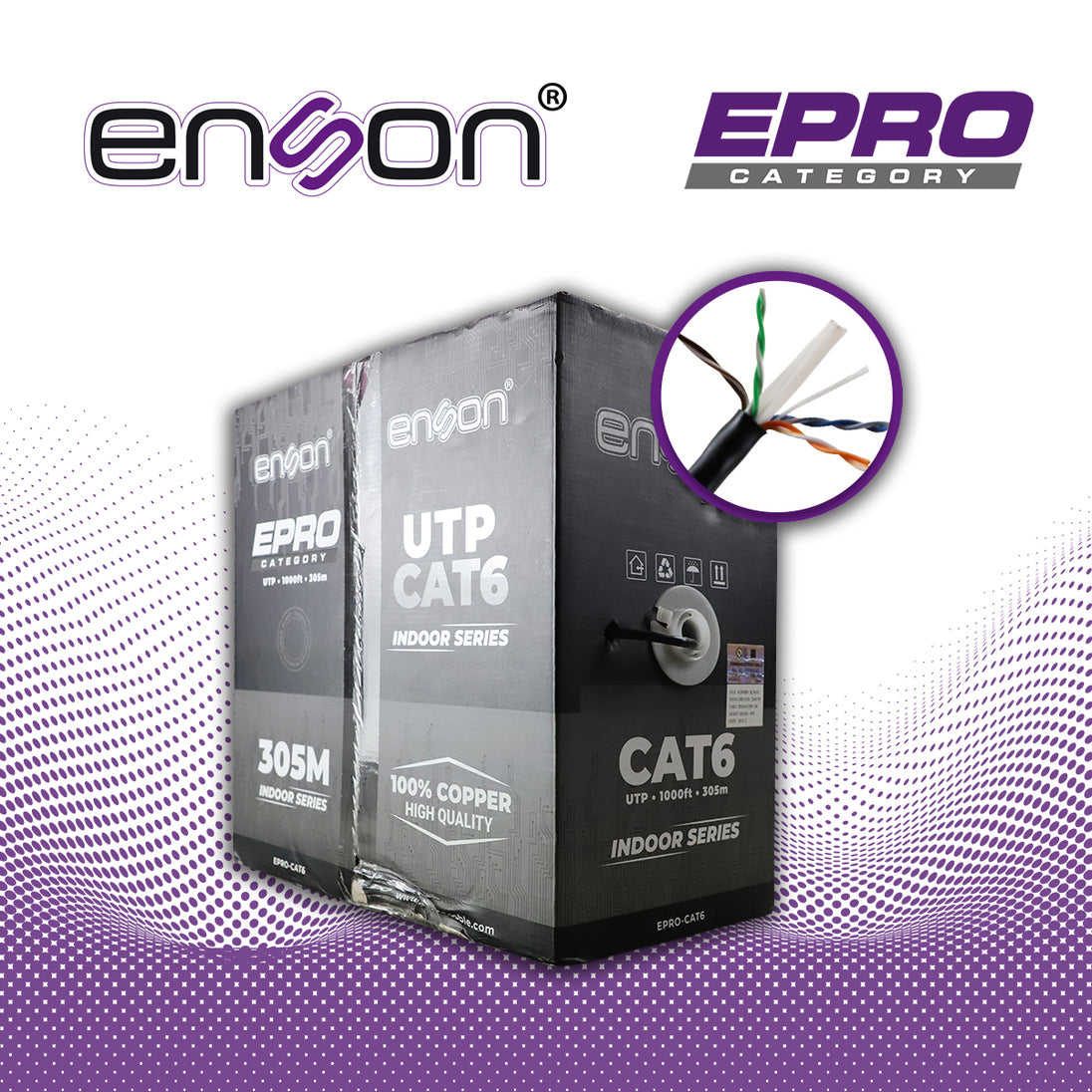 CABLE UTP CAT6 ENSON EPRO-CAT6 FORRO PVC 4 PARES CALIBRE 23 AWG 100% COBRE USO INTERIOR BOBINA 1000 PIES 305 METROS **CE