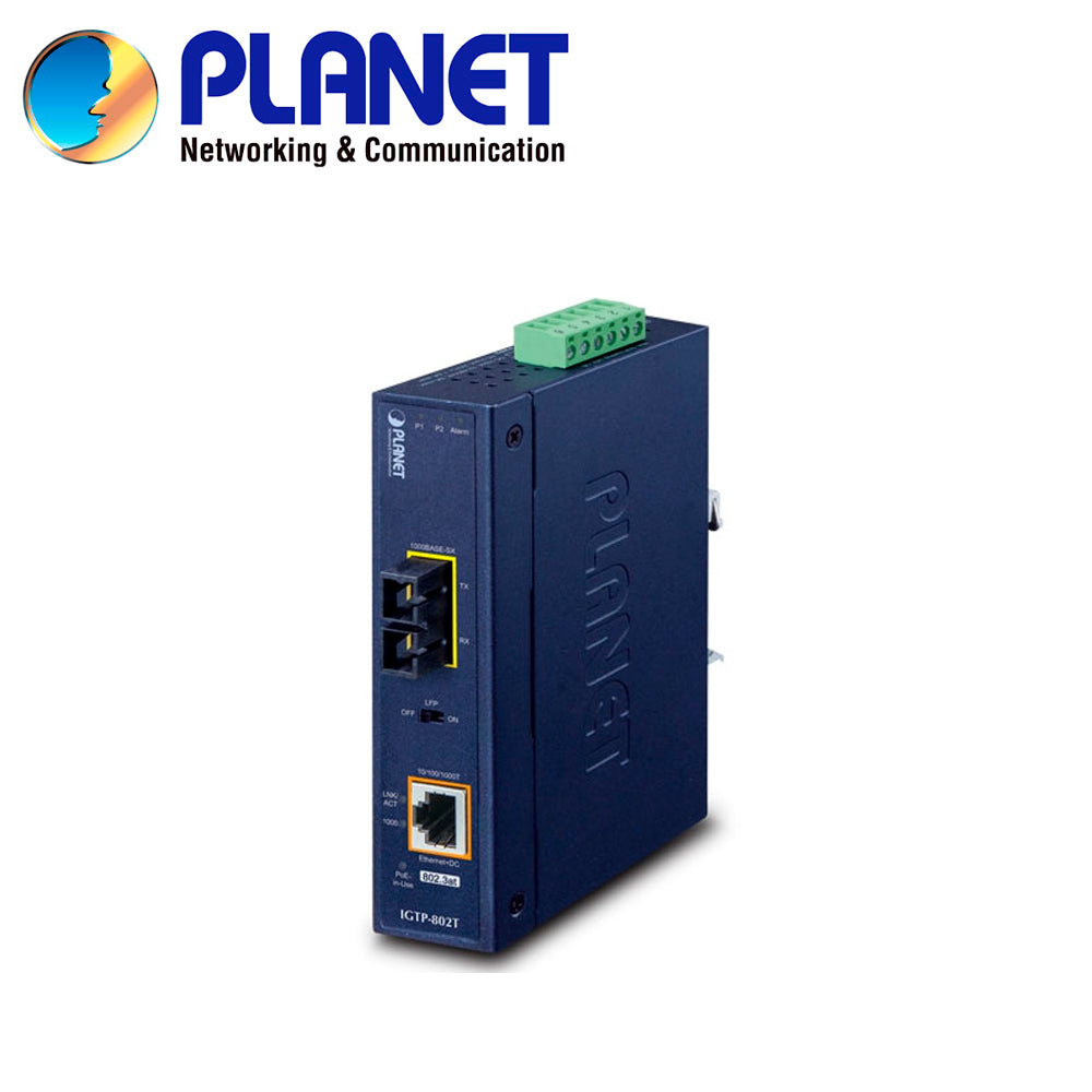CONVERTIDOR DE MEDIOS POE MULTIMODO INDUSTRIAL PLANET IGTP-802T / 1 PUERTO RJ45 POEAF/AT 10/100/1,000MBPS / 1 PUERTO OPT