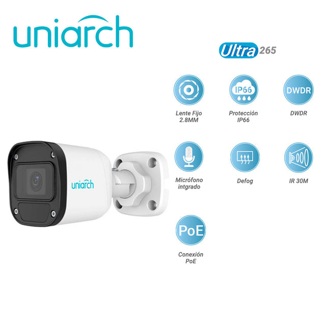 CAMARA IP BULLET UNIARCH IPC-B125-APF28 UNIARCH / 5MP/ ULTRA 265 / LENTE 2.8 MM / IP67 / DWDR / MICROFONO INTEGRADO / DI