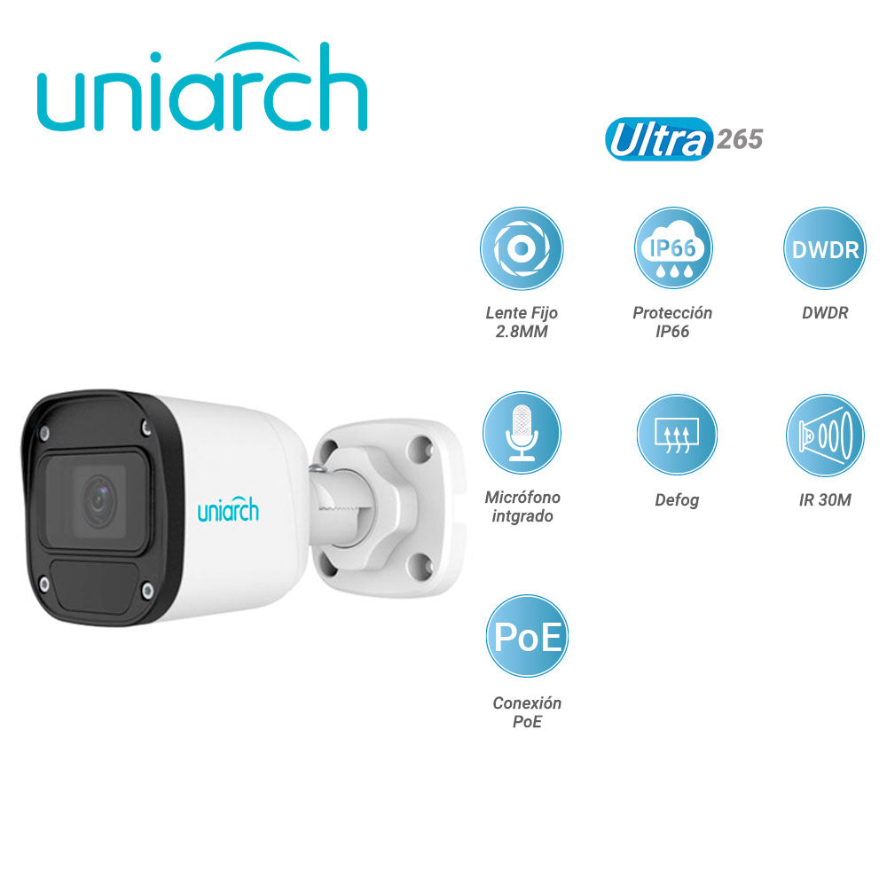 CAMARA IP BULLET UNIARCH IPC-B125-APF28 UNIARCH / 5MP/ ULTRA 265 / LENTE 2.8 MM / IP67 / DWDR / MICROFONO INTEGRADO / DI