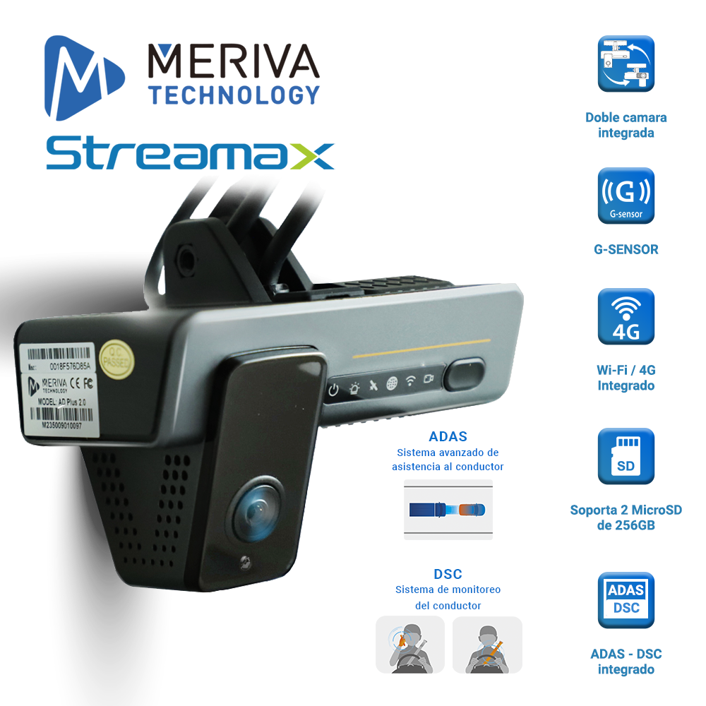 MDVR TIPO DASHCAM MERIVA STREAMAX ADPLUS 2.0 CON INTELIGENCIA ARTIFICIAL INTERGADA / DOBLE CAMARA INTEGRADA / 4G / GPS /