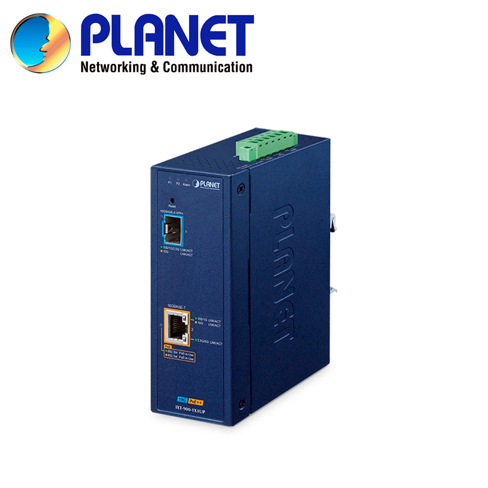 CONVERTIDOR DE MEDIOS POE INDUSTRIAL ADMINISTRABLE PLANET IXT-900-1X1UP / 1 PUERTO RJ45 POE++AF/AT/BT 100M/1/2.5/5/10GBP