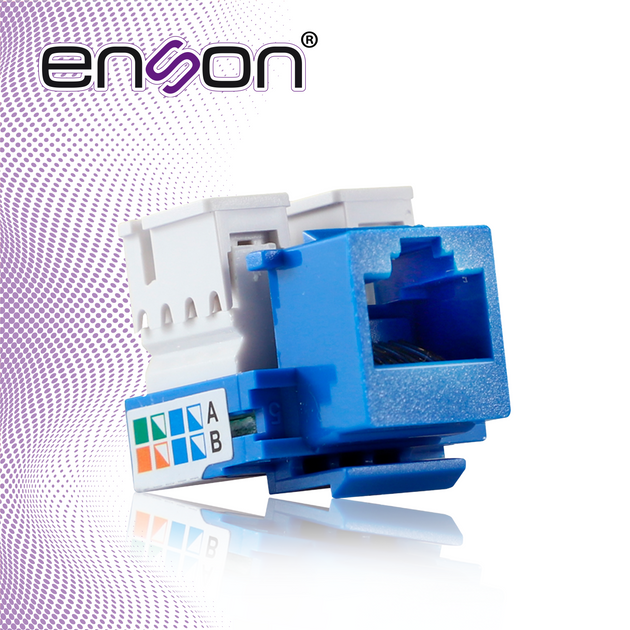 CONECTOR JACK ENSON ENS-JC5BL CAT5E COLOR AZUL A 90 GRADOS PONCHADO CON PINZAS Y CUBREPOLVO