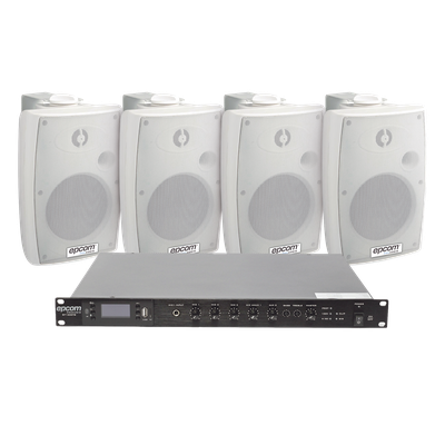 Kit Amplificador de Audio para Rack / 120W RMS / 4 Altavoces de Pared IP54 / Sistema 70/100V / 4 Entradas Micrófono / Bluetooth MP3 | SIERRA STORE