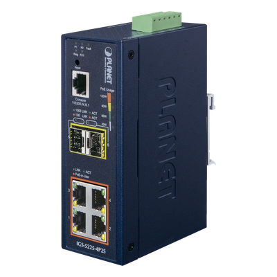 Switch Industrial Administrable Capa 2 / 4 Puertos PoE 802.3af/at Gigabit / 2 Puertos SFP 100/1000X / Anillo Redundante | SIERRA STORE