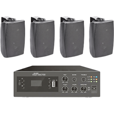 KIT de Amplificador de 240W para Escritorio | 4 Altavoces de Pared color Negro 2.5W - 20W | Sistema 70/100V | SIERRA STORE