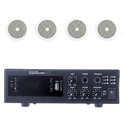 KIT de Amplificador de 120W para Escritorio | 4 Altavoces de Plafón de 4" | 3 - 6W | Sistema 70/100V | SIERRA STORE