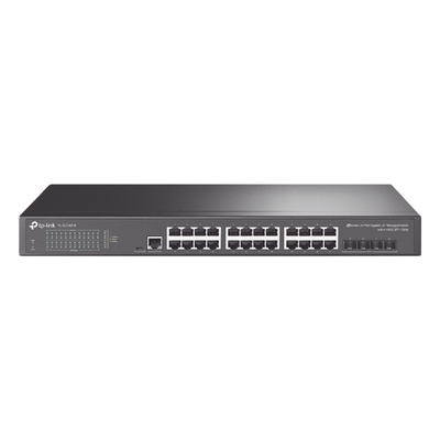 Switch Administrable L2+/L3 / 24 Puertos Gigabit / 4 Puertos SFP+ 10G / 128 Gbps / Sin Ventilador / Omada SDN | SIERRA STORE