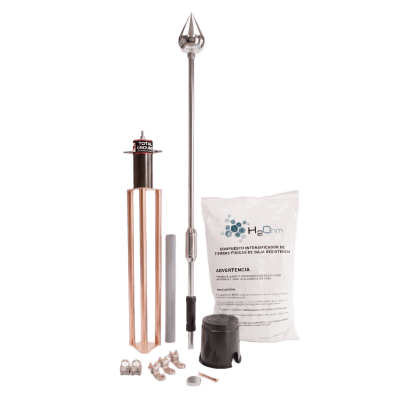 Kit Pararrayo con Avance de Cebado / 60 m (196.9 ft) / Punta Acero Inoxidable / Resistencia < 2 Ohm / 100 A / Compuesto H2OHM | SIERRA STORE