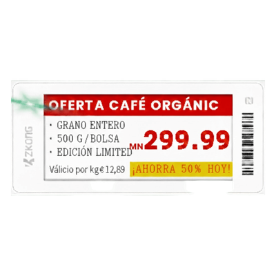Etiqueta Electrónica de Estantería / Pantalla EPD Gráfica 2.9 Pulgadas / 4 Colores / Resolución 296x128 / BLE 5.0 con AES-128 / | SIERRA STORE