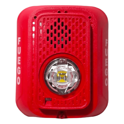 Sirena con Estroboscopio LED / 2 Hilos / Montaje en Pared / Candela Seleccionable 15-185 cd / Marcaje FUEGO / Compatible SpectrAlert | SIERRA STORE