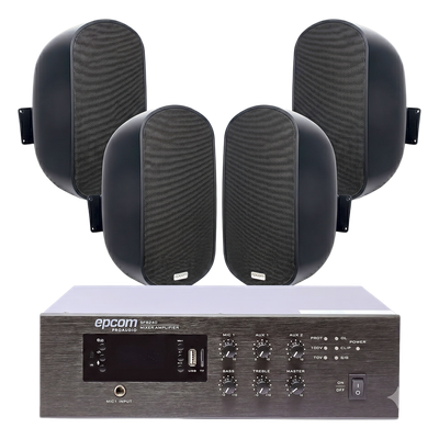 Kit de Sonido Ambiental / Amplificador 240W RMS / Salida 70V/100V / 4 Altavoces de Pared 5" / Bluetooth y MP3 Integrados / Taps 3W-50W | SIERRA STORE