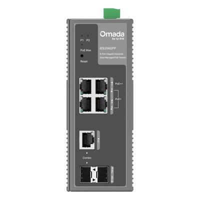 Switch Industrial Easy Managed / 6 Puertos Gigabit / 4 PoE (1× PoE++ 60W + 3× PoE+ 30W) / 120W PoE Budget / 2 SFP / IP40 / -40°C a | SIERRA STORE