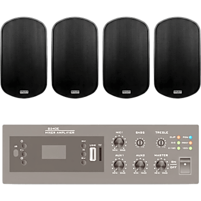 KIT de Amplificador de 240W para Escritorio | 4 Altavoces de Pared color Negro 3W - 50W | Sistema 70/100V | SIERRA STORE