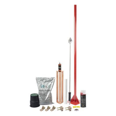 Kit Pararrayos / Protección 80 m (262.5 ft) de Diámetro / Punta con Mástil 1.2 m (3.9 ft) / Electrodo 100A / Mejorador de Suelo H2OHM | SIERRA STORE