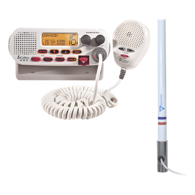 Kit de Radio VHF Marino / Antena Fibra de Vidrio 2.4 m (7.9 ft) / 25 W / DSC / Dual-Watch / PL259 / Base Acero Inoxidable | SIERRA STORE