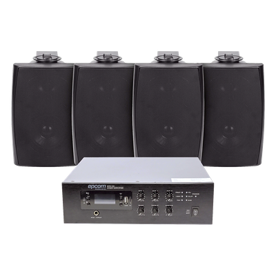 Kit de Sonido Ambiental / Amplificador 240W RMS / Salida 70/100V / 4 Altavoces de Pared / Bluetooth y MP3 / Resistente a Humedad | SIERRA STORE