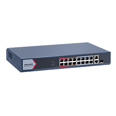 HIKVISION DS-3E1318P-EI/M - Switch PoE+ Monitoreable / 16 Puertos 10/100 Mbps PoE+ / 2 Puertos Gigabit Uplink / 1 Puerto SFP / Alcance | SIERRA STORE