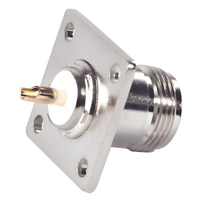 Conector N Hembra / Montaje en Panel / 4 Perforaciones 18 mm (0.71 in) / Pin Largo / Bronce Plateado / Contacto Oro / Aislante Teflón | SIERRA STORE